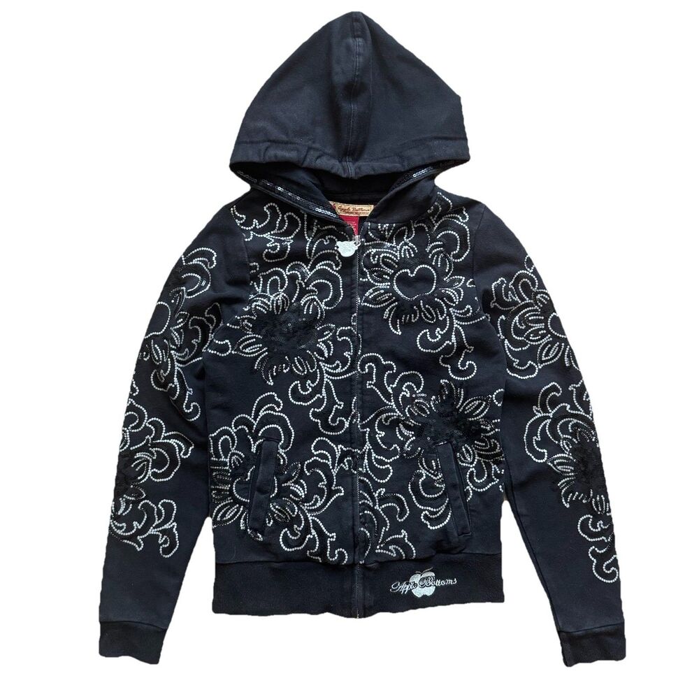 Y2K Apple Bottoms Hoodie Youth L Black Full Zip Sequin Graphic Urban Streetwear